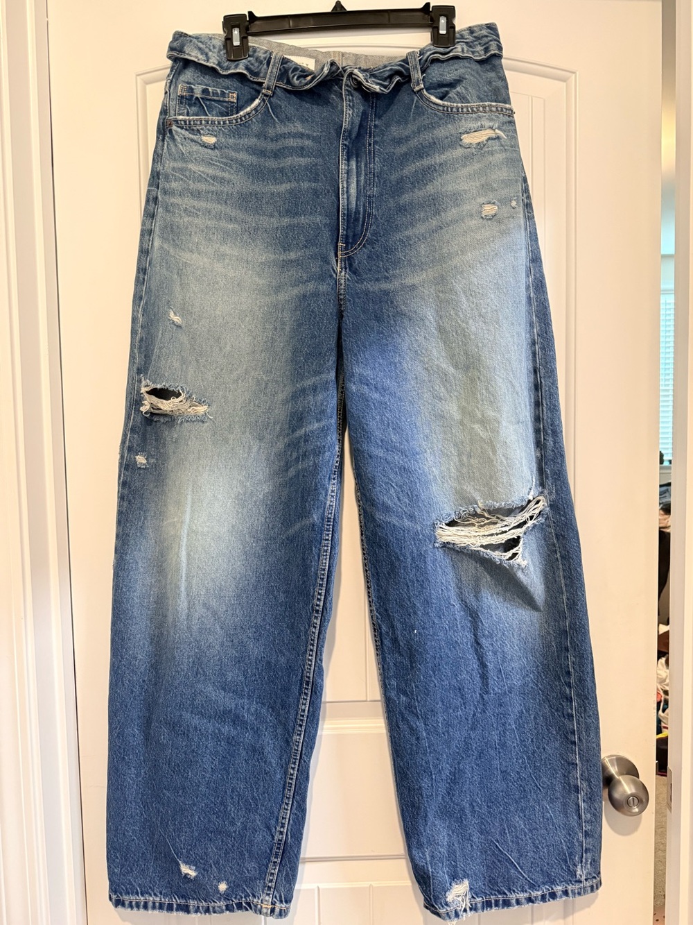 Zara Folded Waist Distressed Wide-Leg Jeans